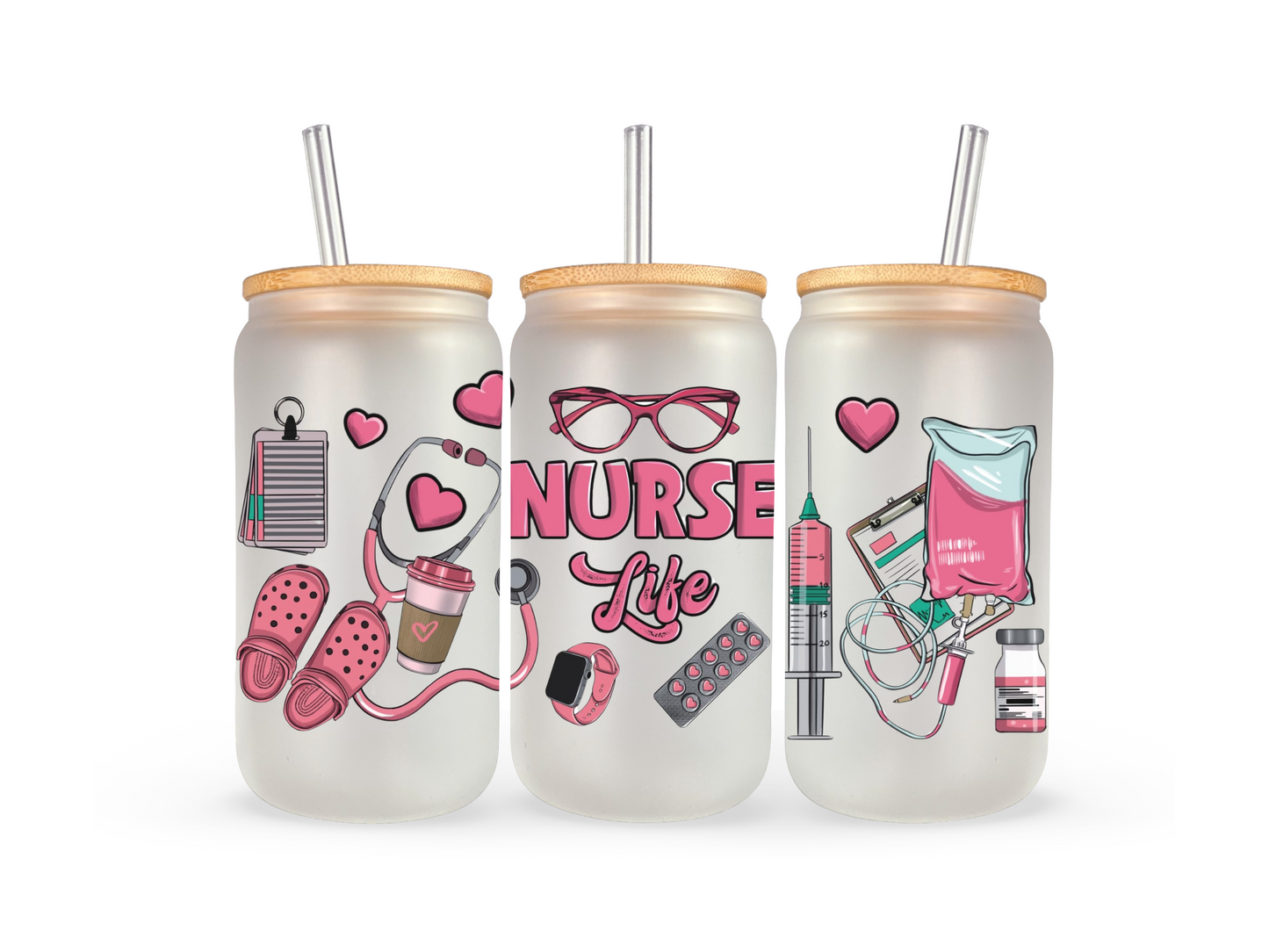 16oz nurse life frosted Libby glass can
