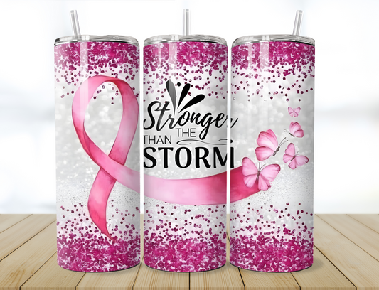 20oz stronger than the storm breast cancer awareness tumbler!