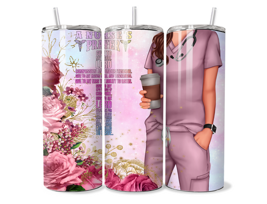 20oz pink nurse prayer tumbler brunette